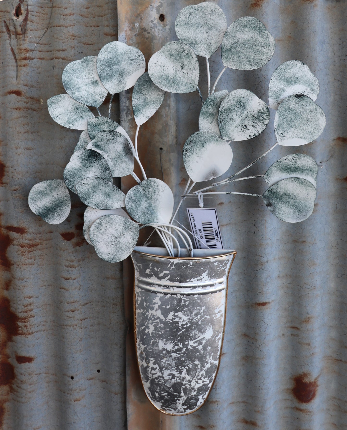 Blue Leaves In Silver Vase Wall Art