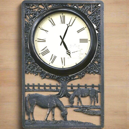 Horses Cast Aluminium Outdoor Clock with Thermometer