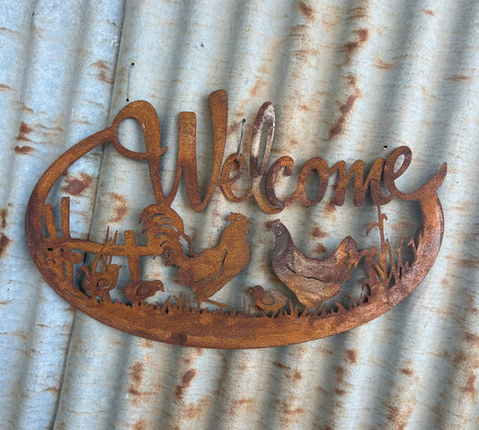 Welcome Hen Wall Art Rust