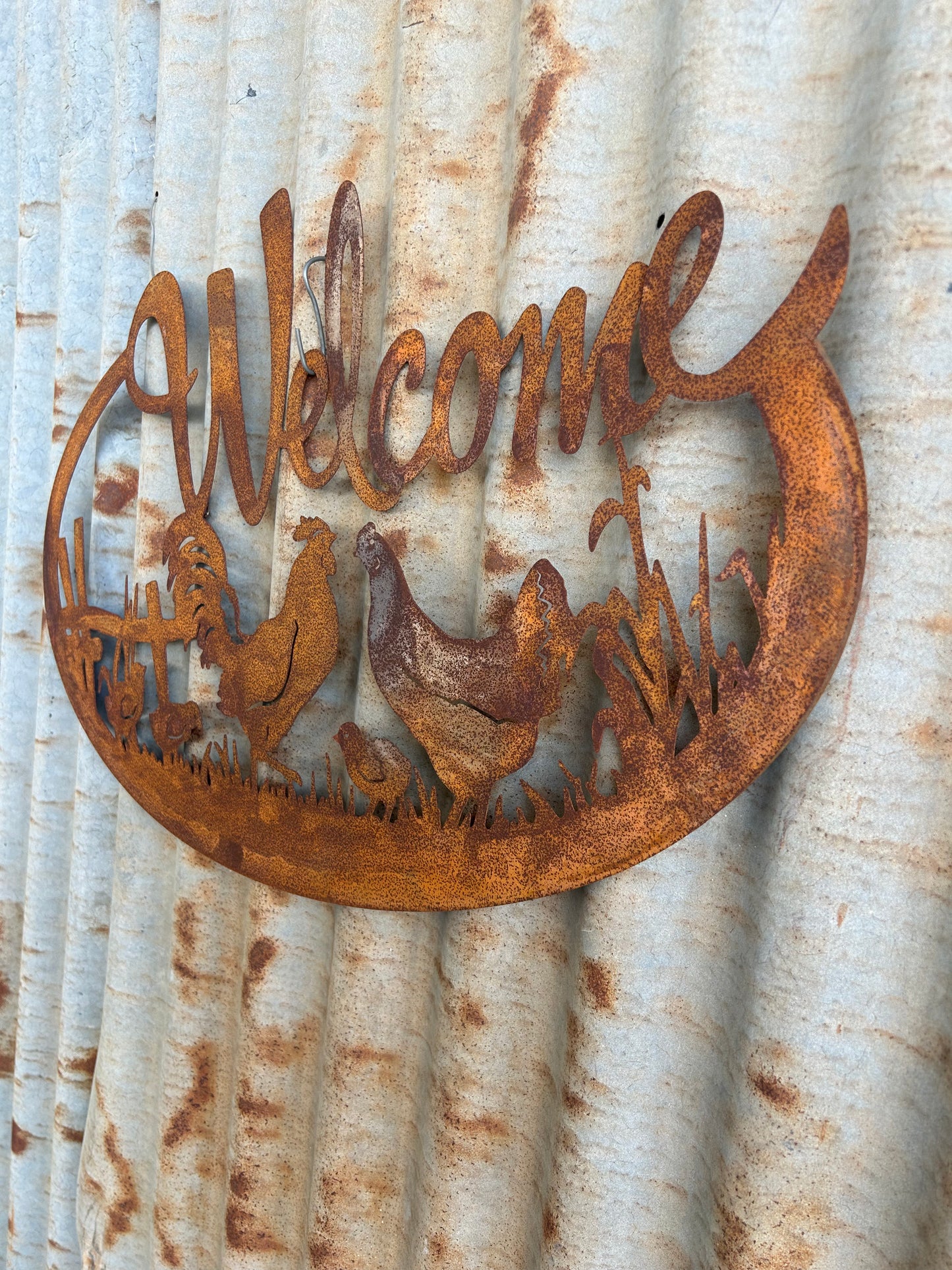 Welcome Hen Wall Art Rust