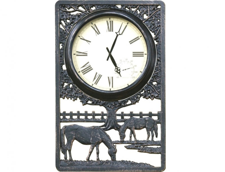 Horses Cast Aluminium Outdoor Clock with Thermometer